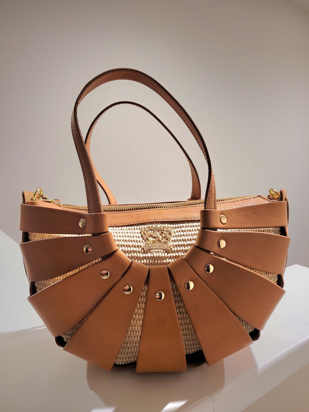 Tan Woven Half Moon Bag with Fan-Style Leather Accents